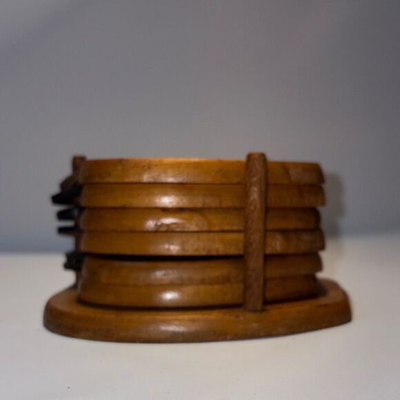 Vintage Wooden Coaster Set with Holder - Picture 3 of 9
